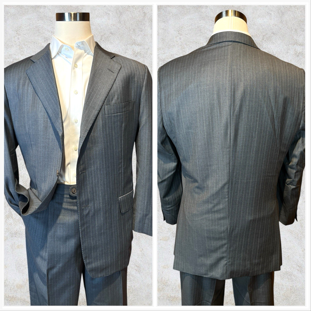 Hickey Freeman Customized 44R 38x27 Gray Ice Blue Multi-Stripe Suit 3/2 Roll - Picture 2 of 16